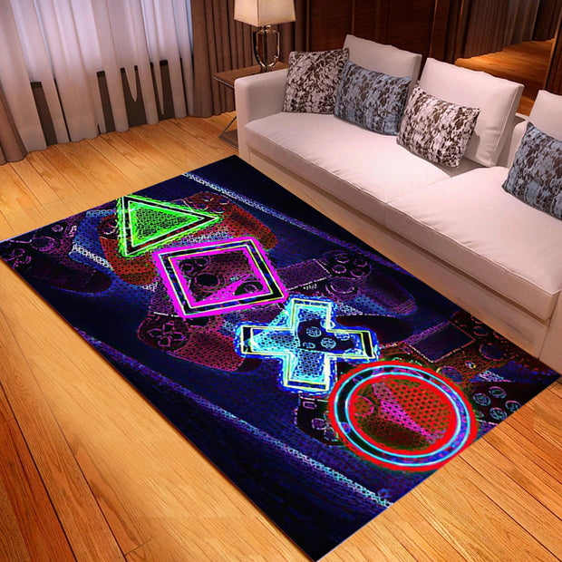 Neon-colored gaming controller design rug on a wooden floor in a living room.