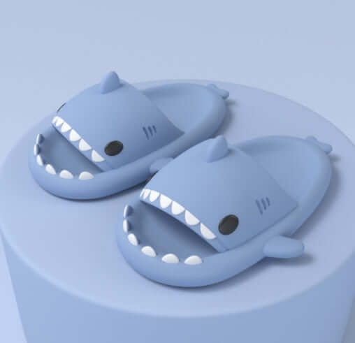 Cartoon shark slippers for adults, soft and cute design, perfect for indoor or outdoor wear.