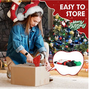 Woman packing Christmas lights into a box with festive background