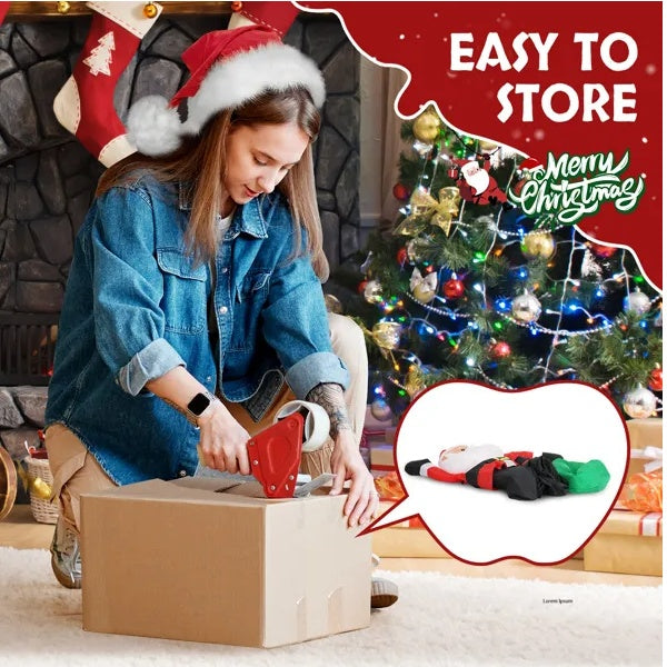 Woman packing Christmas lights into a box with festive background