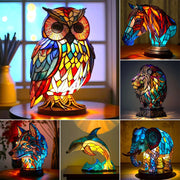 Collage of colorful stained glass animal lamps including an owl, horse, lion, wolf, dolphin, and elephant.