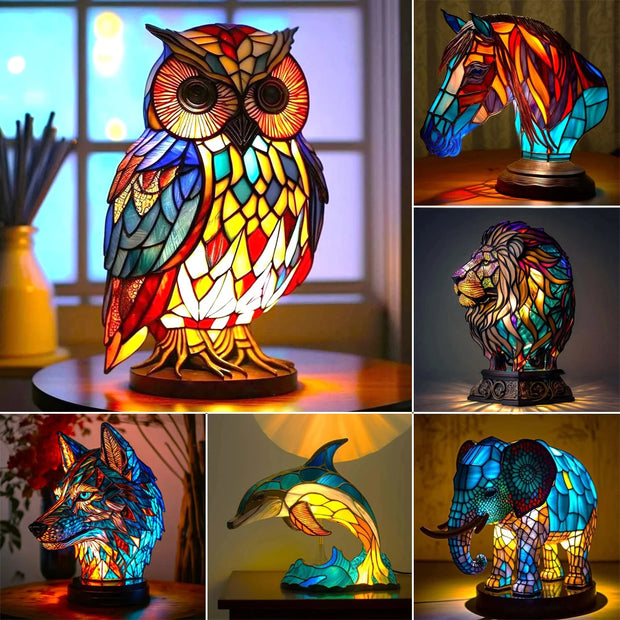 Collage of colorful stained glass animal lamps including an owl, horse, lion, wolf, dolphin, and elephant.