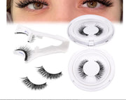 False eyelashes with packaging and a close-up of eyes wearing them.