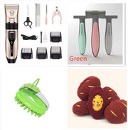 Dog grooming kit including clippers, combs, scissors, and de-shedding tools in various colors.
