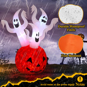 Halloween inflatable decoration with ghosts and a pumpkin, featuring durable waterproof fabric and fade-resistant properties.