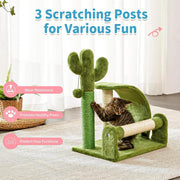 Cat playing on a green cat tree with scratching posts, wearing resistance, promoting healthy paws, and protecting furniture.