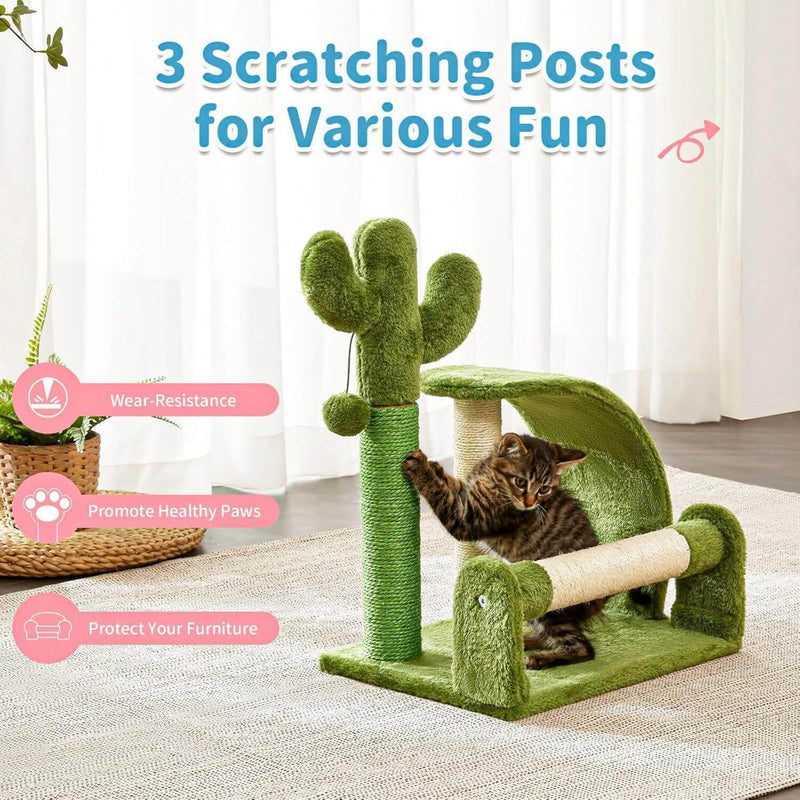 Cat playing on a green cat tree with scratching posts, wearing resistance, promoting healthy paws, and protecting furniture.