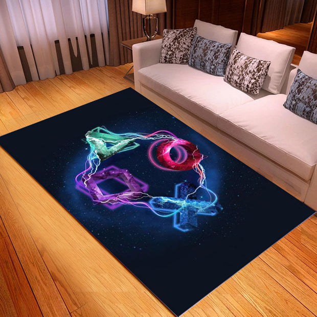 Decorative rug with colorful abstract design on a wooden floor in a living room.