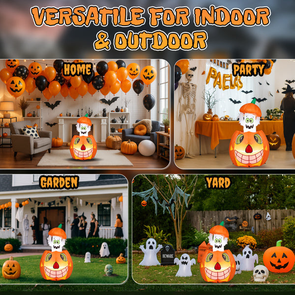 Halloween-themed inflatable decorations used indoors and outdoors.