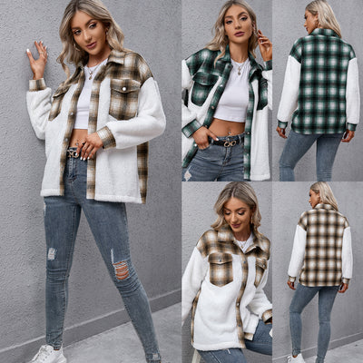 Woman wearing a plaid shirt over a white jacket with ripped jeans, shown from multiple angles.