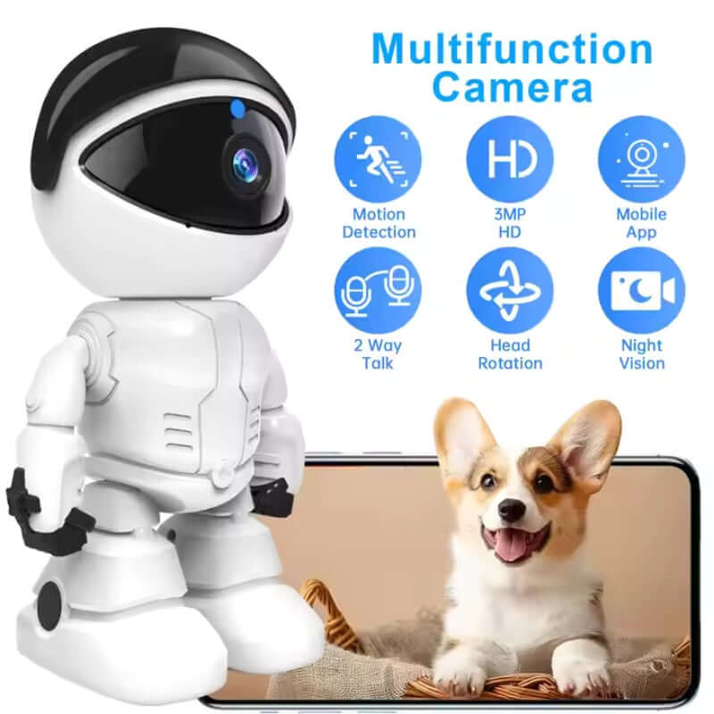 White robot with camera on top, displayed with smartphone showing dog, and features listed.