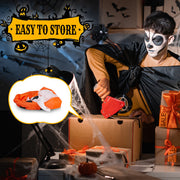 Person in Halloween costume with props and text 'Easy to Store' in a festive setting.