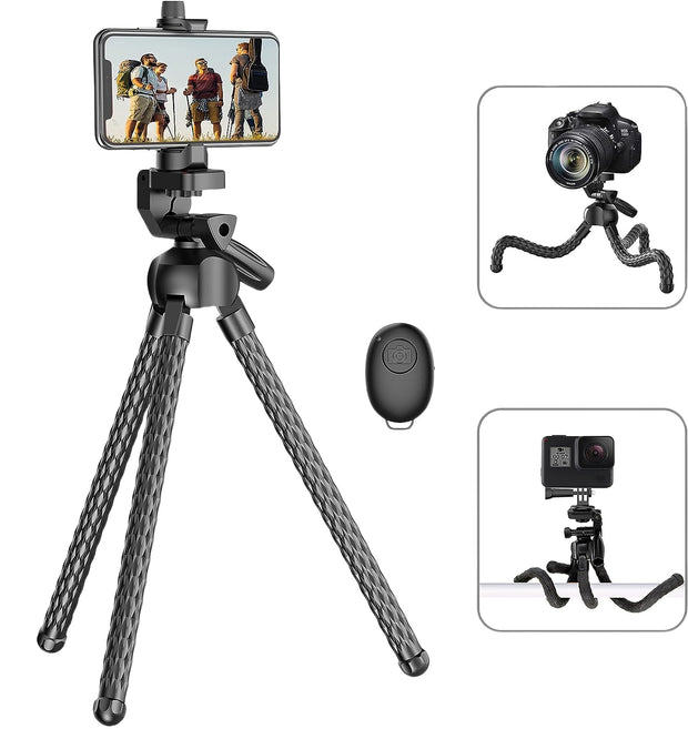 Black adjustable tripod with smartphone holder, remote control, and camera mount on a white background