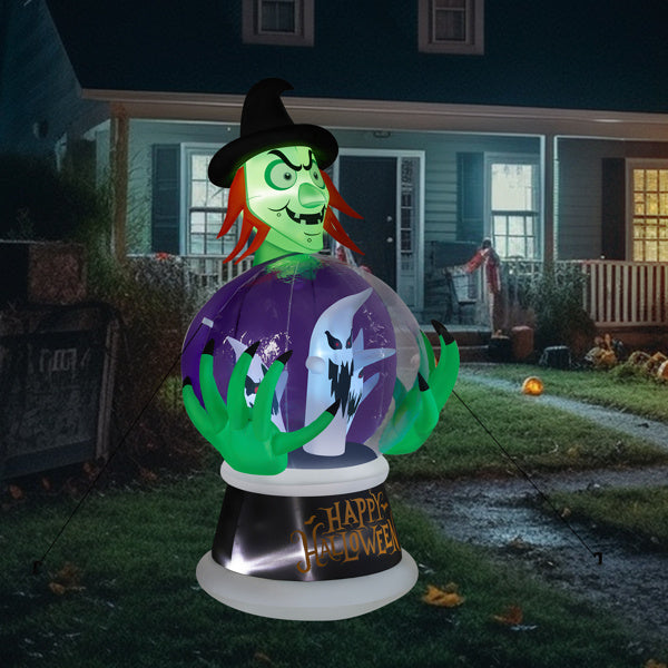 Witch Crystal Ball Inflatable Decoration W/ 6 LED & RGB Lights, 5.9ft