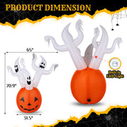 Halloween inflatable decoration with ghosts and a pumpkin, featuring dimensions and LED light indicator.