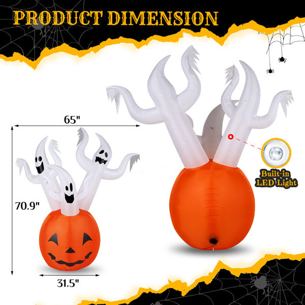 Halloween inflatable decoration with ghosts and a pumpkin, featuring dimensions and LED light indicator.