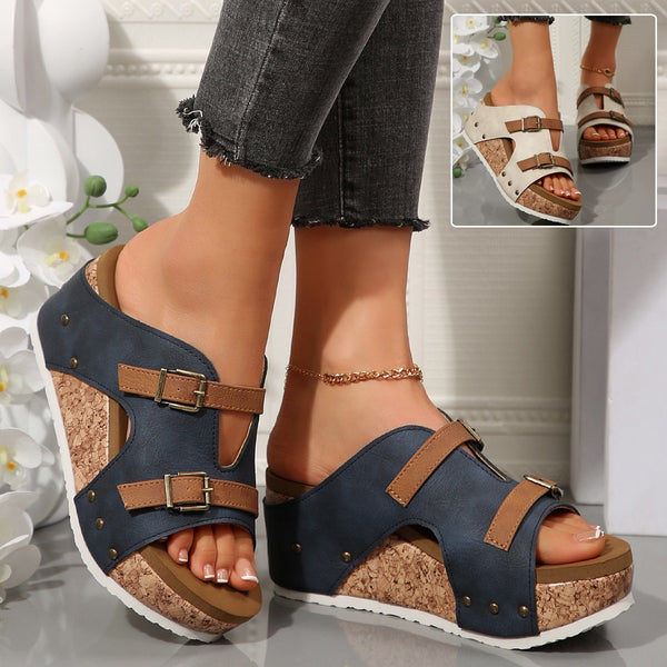 Buckle Wedges Sandals Summer Fish Mouth Thick High Heel Slides Slippers Outdoor Fashion Beach Roman Shoes For Women