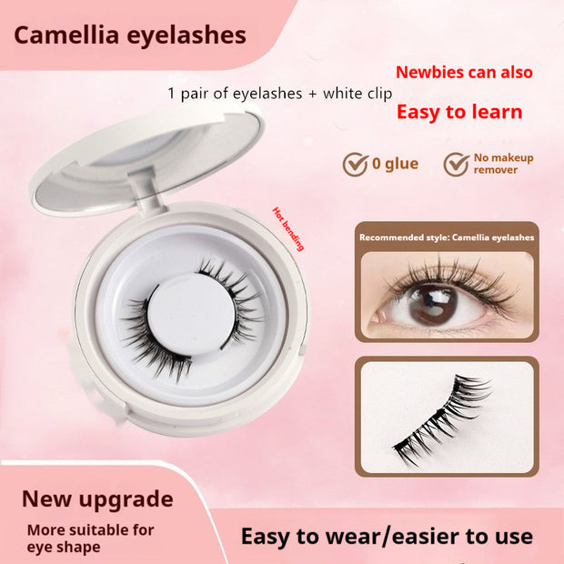 Camellia eyelashes with packaging and usage instructions on a pink background