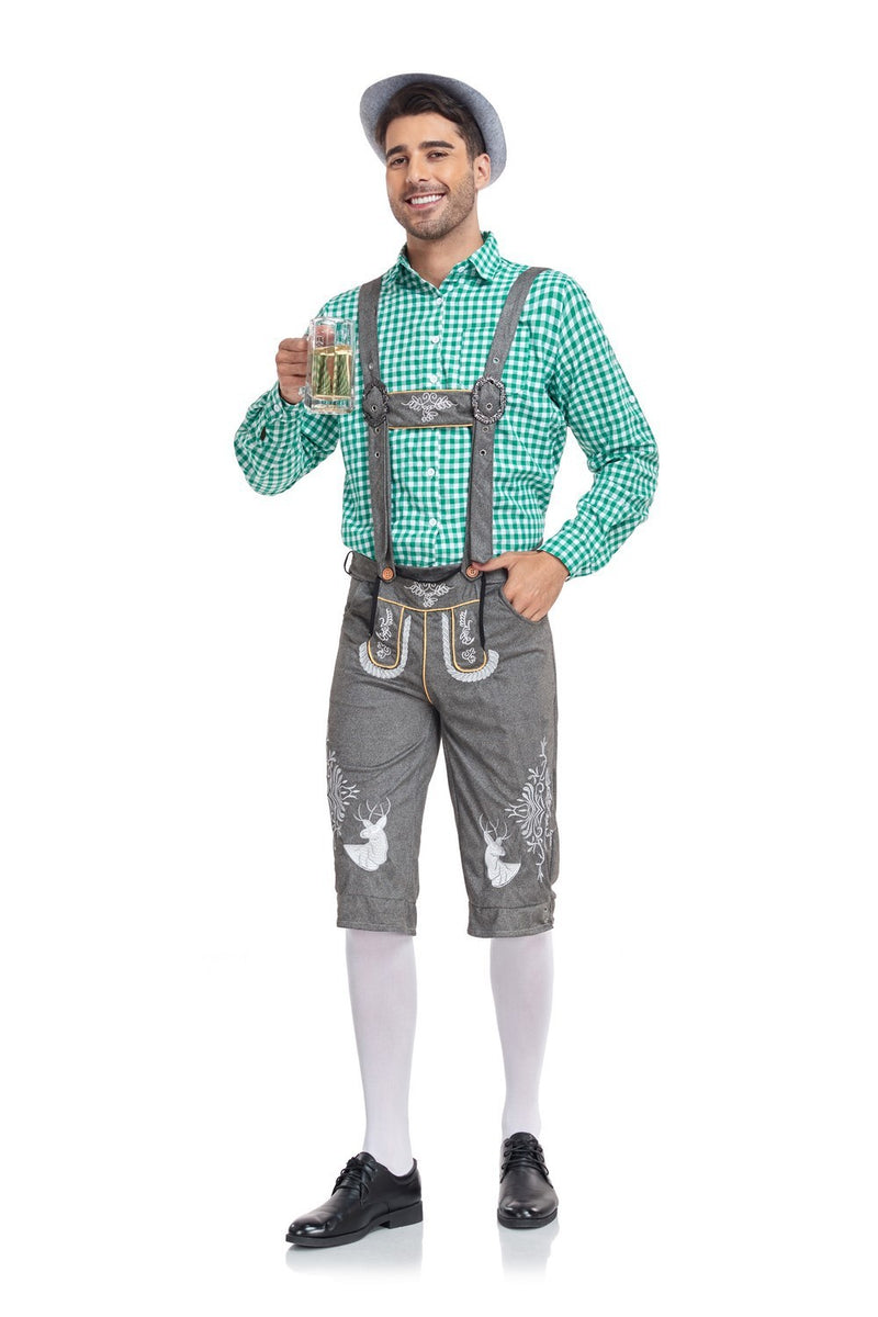Man wearing traditional Bavarian lederhosen and hat holding a beer mug on a white background