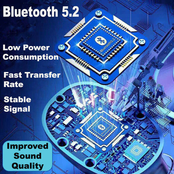 Bluetooth 5.2 technology graphic showcasing low power consumption and improved sound quality features.