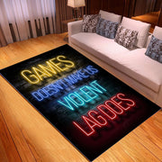 Neon-style rug with text on a wooden floor in a living room setting