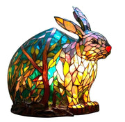 Stained glass rabbit lamp with multicolored design on a white background