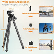 Tripod with compatibility details for phone, camera, and GoPro on a light blue background