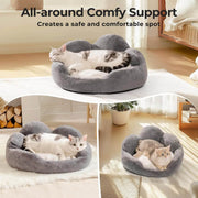 Gray pet bed with a cat inside, labeled 'All-around Comfy Support' in a home setting.