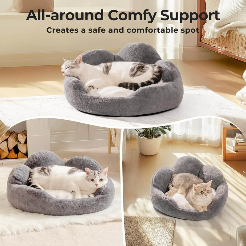 Cozy MEWOOFUN Cat & Small Dog Bed - Fluffy, Washable Flower Sofa with Non-Slip Bottom for Happy Indoor Pets, Grey, 23"