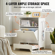 White storage cabinet with various compartments and pet accessories, labeled for different uses.