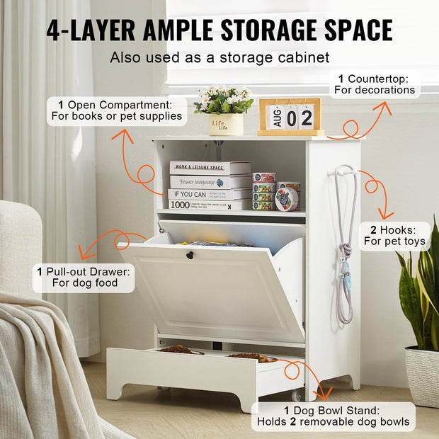 White storage cabinet with various compartments and pet accessories, labeled for different uses.