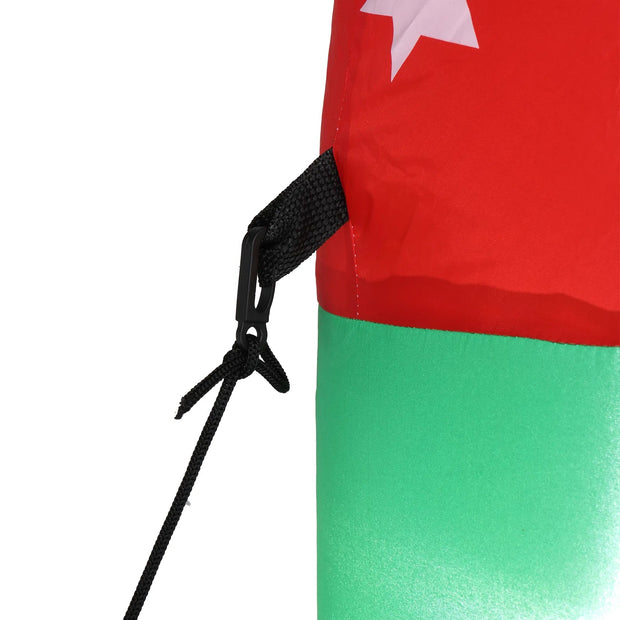 Close-up of a flag with red and green colors and a black strap.