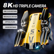Yellow robot with 8K HD triple camera and various features on a dark background