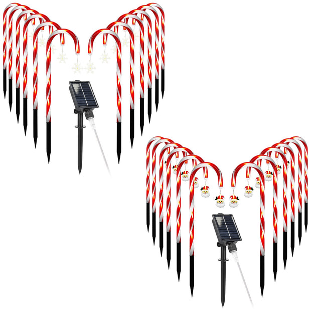 Solar-powered candy cane lights on white background