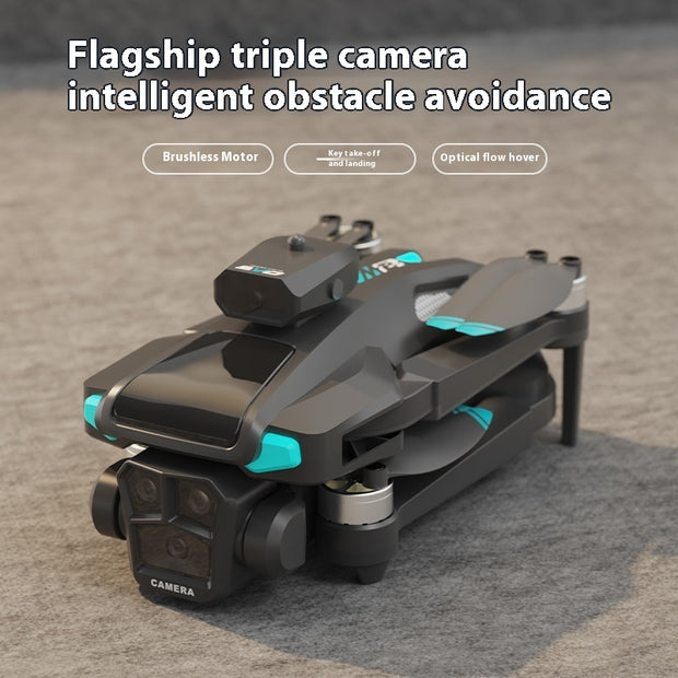 Black and teal drone with text highlighting features on a gray surface