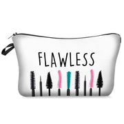 Makeup bag with 'FLAWLESS' text and mascara brush illustrations on a white background