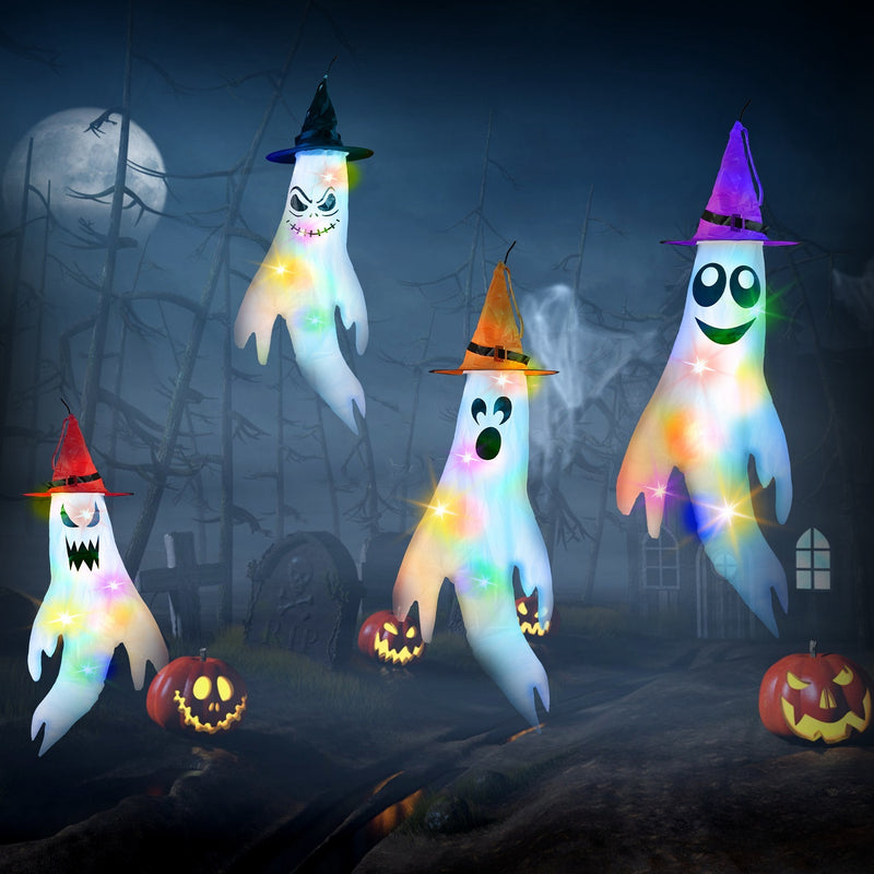 Halloween-themed decorations with colorful ghosts and pumpkins on a dark background.