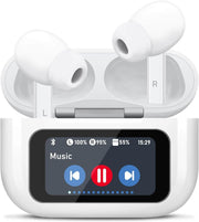White wireless earbuds in a charging case with a display screen.