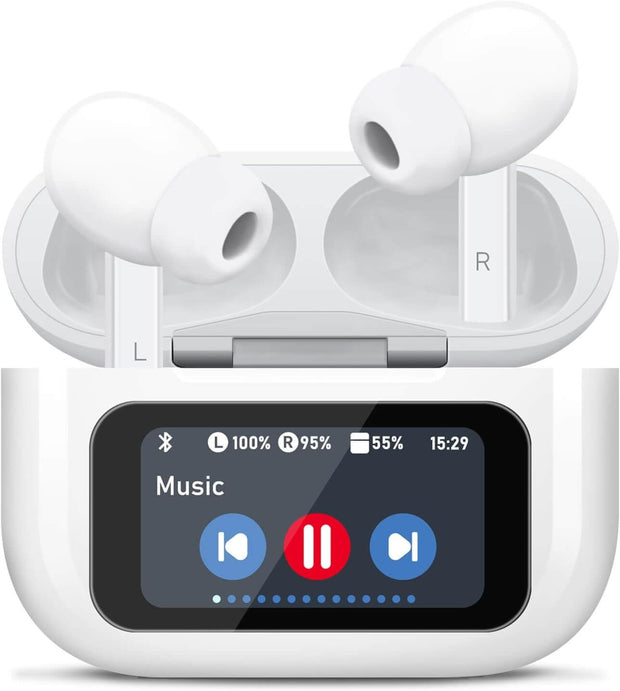 White wireless earbuds in a charging case with a display screen.