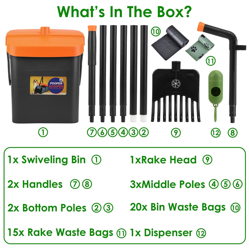 Ultimate Dog Poop Scooper Kit – Heavy-Duty Rake & Swiveling Bin with 35 Bags for Effortless Cleanups!