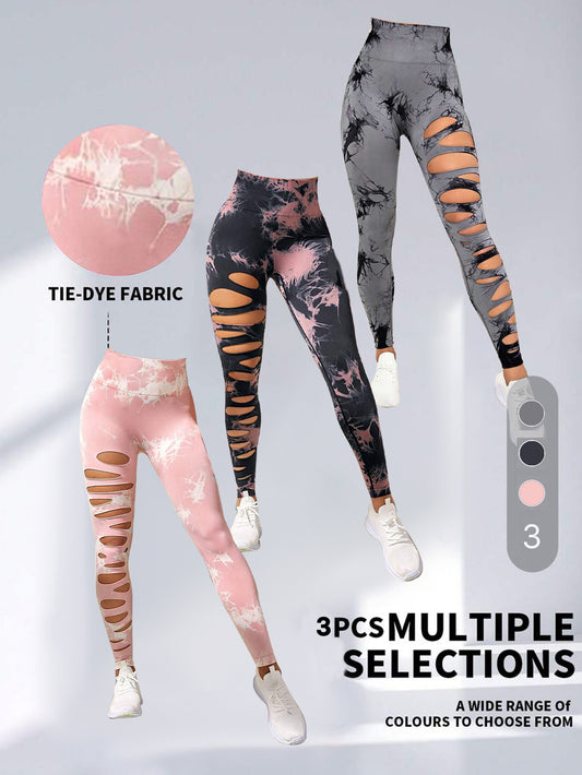 3 Pack Women's High Waist Cutout Tie Dye Leggings - Sculpting Scrunch Butt & Tummy Control for Confident Workouts & Style