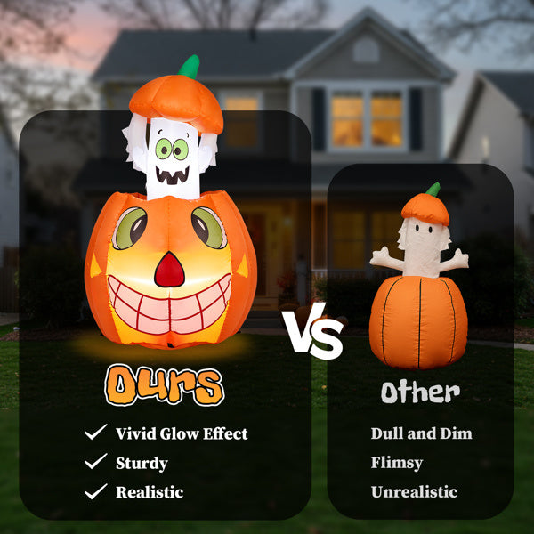 Halloween inflatable comparison with 'Ours' on the left and 'Other' on the right, set against a house background.