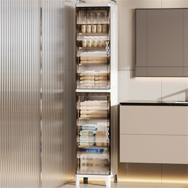 Tall, narrow storage cabinet with shelves in a modern kitchen setting