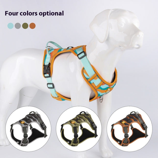 Dog harness on a mannequin with color options displayed.