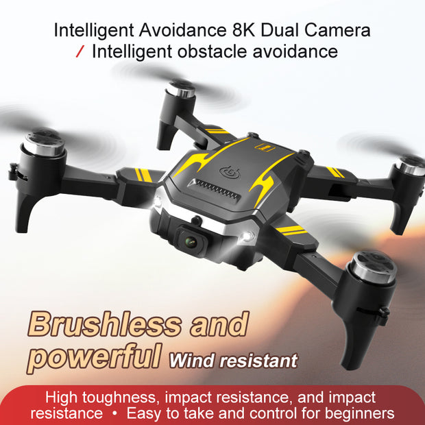 Black and yellow drone with text highlighting features on a white background