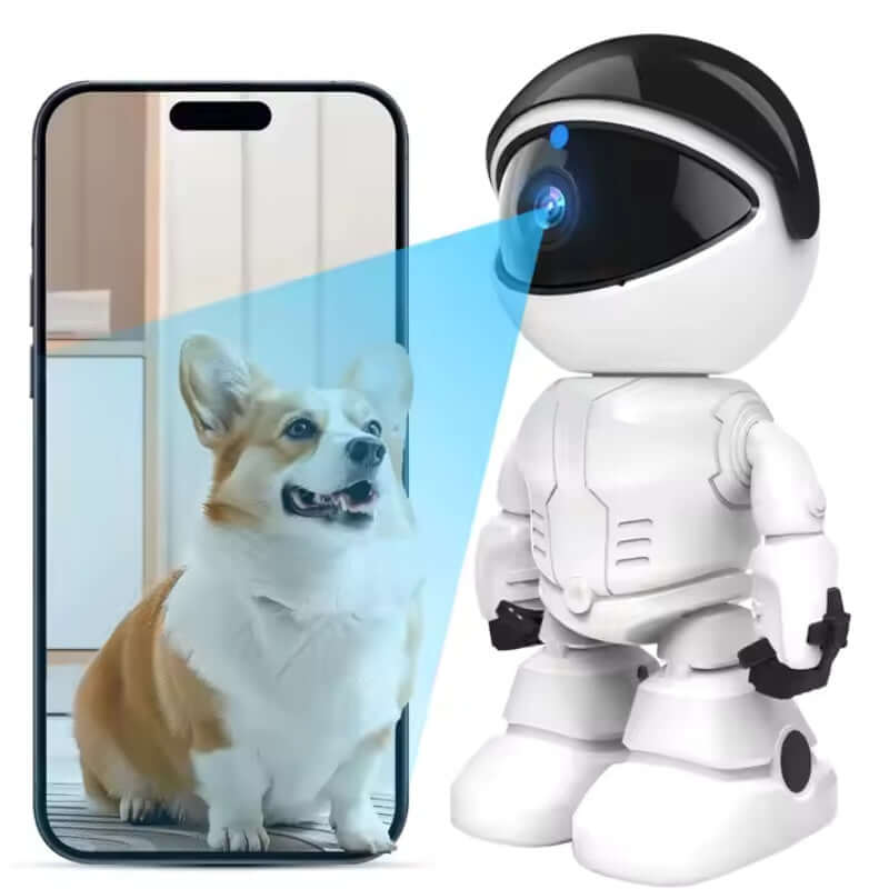 White robot with a smartphone displaying a dog's face, connected by a blue line.