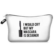 White makeup bag with black text and mascara illustration on a white background