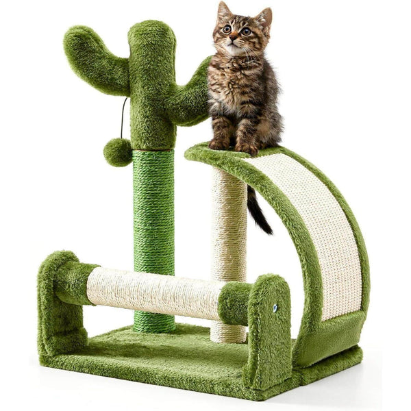 Green cat tree with a kitten on a white background