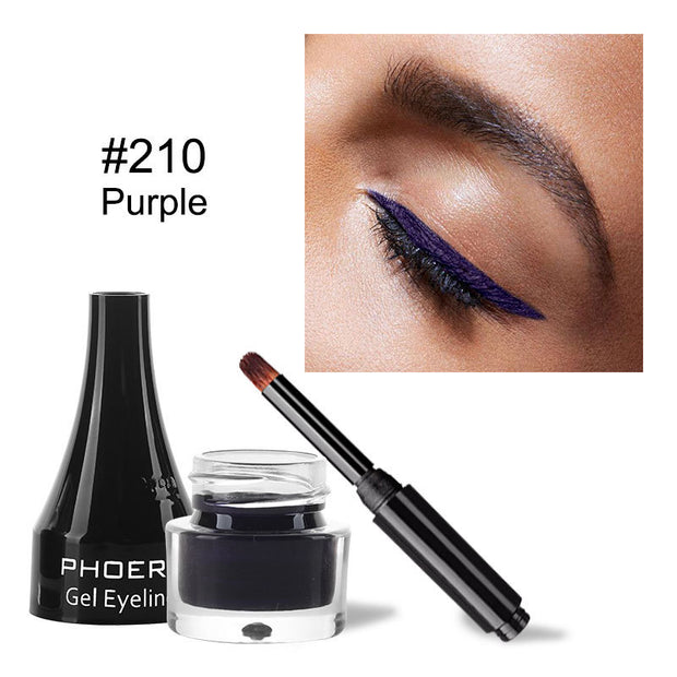 PHOER gel eyeliner with applicator and purple color swatch on eye