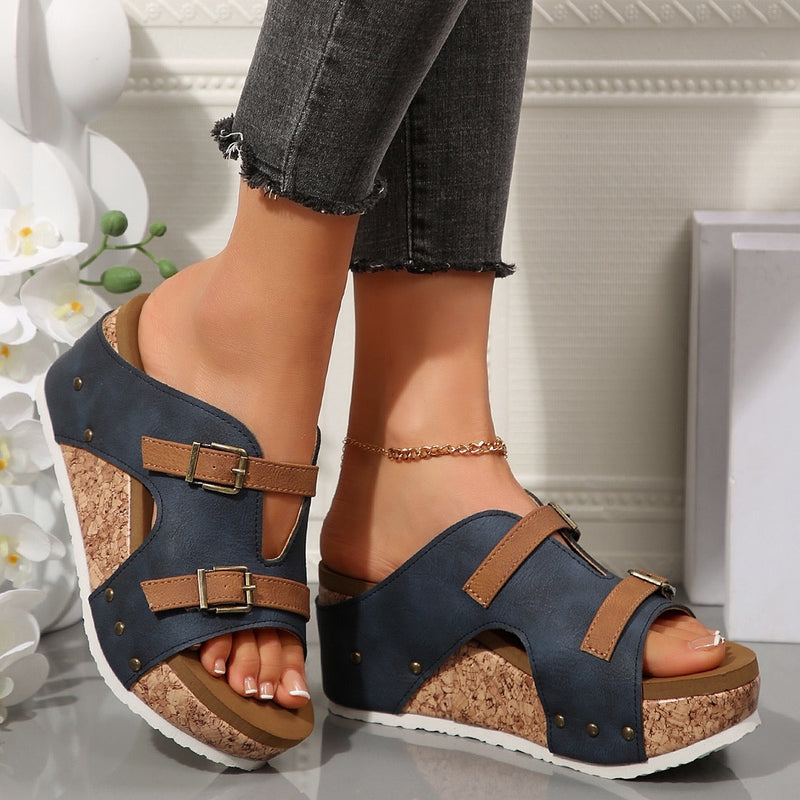 Buckle Wedges Sandals Summer Fish Mouth Thick High Heel Slides Slippers Outdoor Fashion Beach Roman Shoes For Women